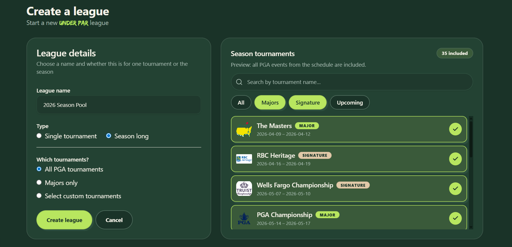 Under Par create league screen showing league name, single-tournament or season format, and options to go live in the app.